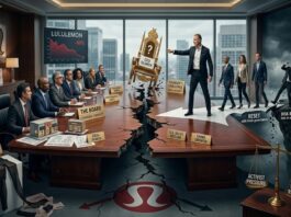 Metaphorical boardroom split showing founder challenging directors amid stock decline and CEO search tension