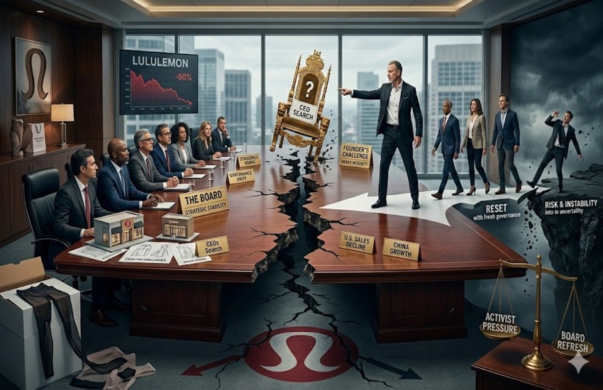 Metaphorical boardroom split showing founder challenging directors amid stock decline and CEO search tension