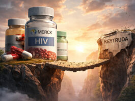 Metaphorical illustration of pharmaceutical bottles bridging a cliff symbolizing Merck’s HIV strategy offsetting a patent cliff
