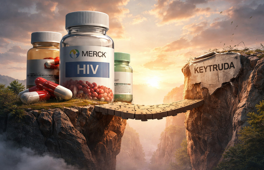 Metaphorical illustration of pharmaceutical bottles bridging a cliff symbolizing Merck’s HIV strategy offsetting a patent cliff