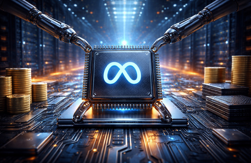Conceptual image of Meta AI chip secured by robotic arms in a data center, symbolizing $100B AMD infrastructure deal