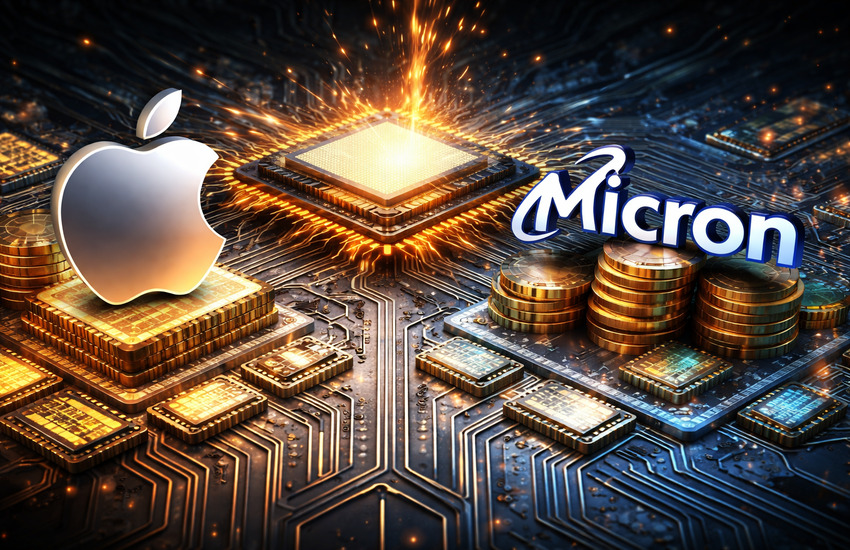 Metaphorical illustration of a glowing semiconductor chip dividing Apple and Micron, symbolizing margin divergence during a memory chip shortage.