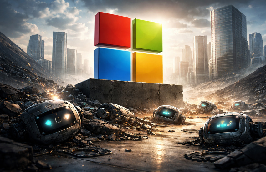 Metaphorical image showing Microsoft's legacy towering over failed AI Copilot units in a futuristic cityscape