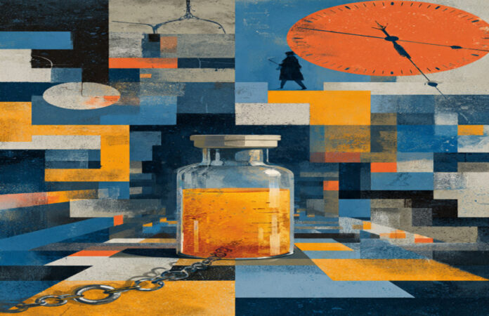 Abstract editorial illustration of a vaccine vial chained to the ground beneath a large clock, symbolizing regulatory delays and uncertainty surrounding Moderna’s mRNA vaccine pipeline.