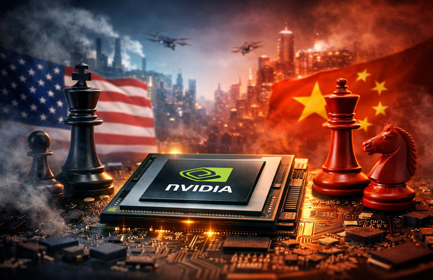 Metaphorical illustration of Nvidia AI chip positioned between U.S. and China symbols, representing geopolitical and regulatory risk surrounding AI chip exports