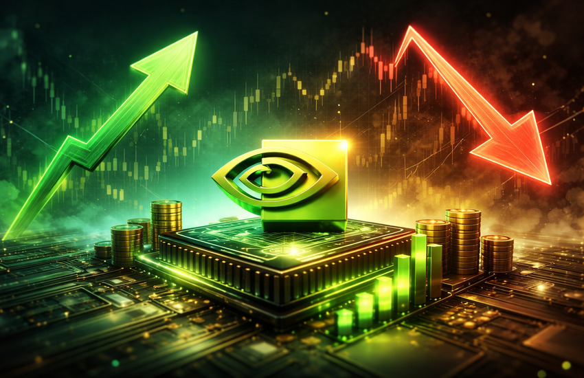 Metaphorical illustration of Nvidia at earnings crossroads with rising and falling market signals over a glowing AI chip