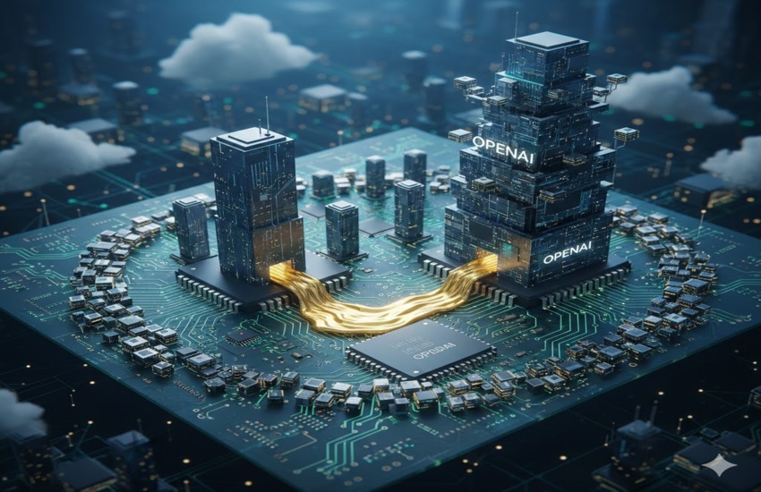 Conceptual illustration of NVIDIA and OpenAI data centers connected by flowing compute infrastructure on a microchip circuit board