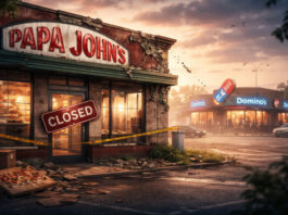 Closed Papa John’s storefront in foreground with thriving rival pizza chains in background, symbolizing competitive pressure and restructuring