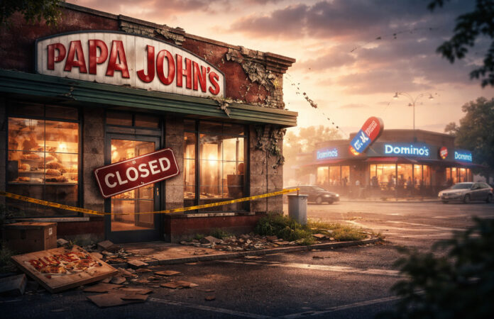Closed Papa John’s storefront in foreground with thriving rival pizza chains in background, symbolizing competitive pressure and restructuring