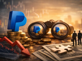 PayPal Just Popped On Deal Talk — But The REAL Story Is The Reset Metaphorical editorial image of PayPal symbol on coins with binoculars, suggesting takeover scrutiny and valuation reset.