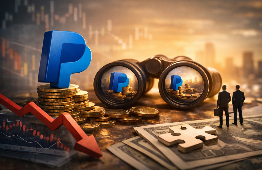 Metaphorical editorial image of PayPal symbol on coins with binoculars, suggesting takeover scrutiny and valuation reset.
