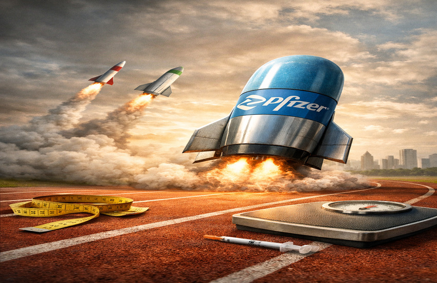 A metaphorical digital illustration representing Pfizer’s strategic entry into the competitive weight-loss drug market