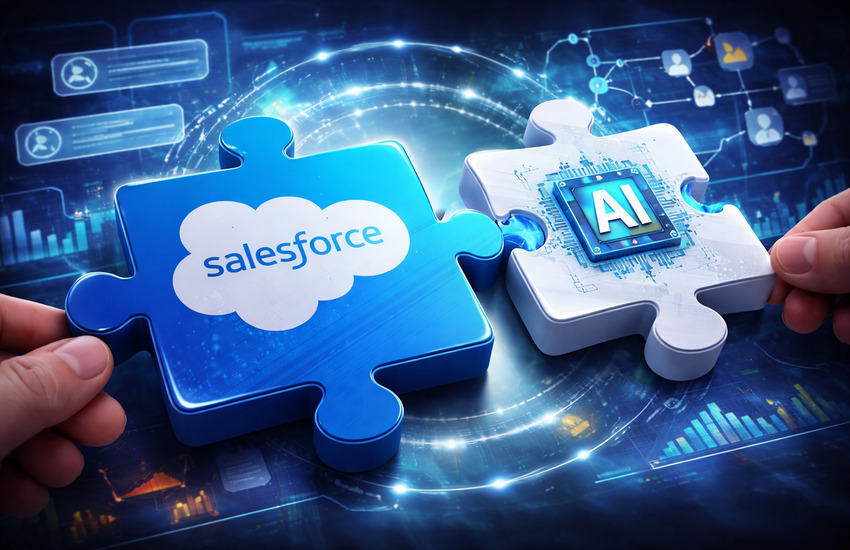 Metaphorical image of two interlocking puzzle pieces symbolizing Salesforce integrating AI conversation intelligence into its enterprise workflow platform