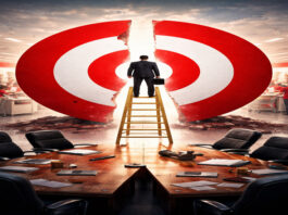 Metaphorical image of a corporate leader climbing toward a fractured Target bullseye inside a store, symbolizing executive shake-up and turnaround strategy.