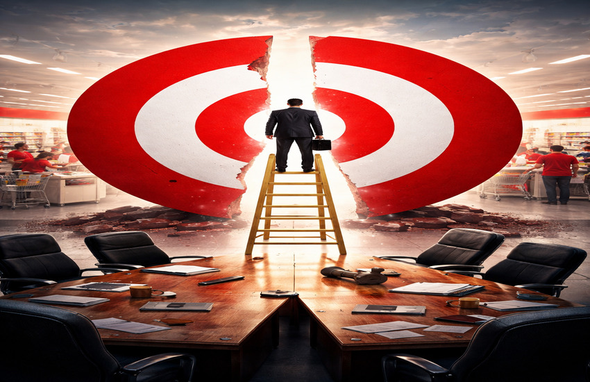 Metaphorical image of a corporate leader climbing toward a fractured Target bullseye inside a store, symbolizing executive shake-up and turnaround strategy.