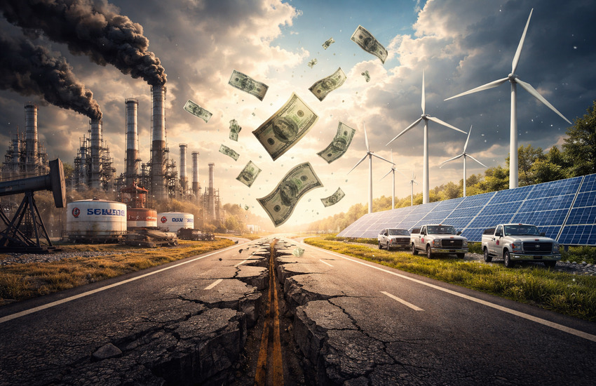 Metaphorical illustration showing fossil fuel plants and renewable energy split by a cracked road symbolizing US climate regulation rollback