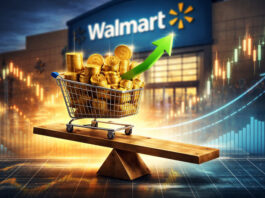 Walmart storefront with shopping cart filled with gold coins, rising arrow, and stock market charts symbolizing earnings growth