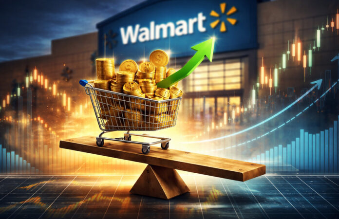 walmart-earnings-premortem-ai-commerce-growth Walmart storefront with shopping cart filled with gold coins, rising arrow, and stock market charts symbolizing earnings growth