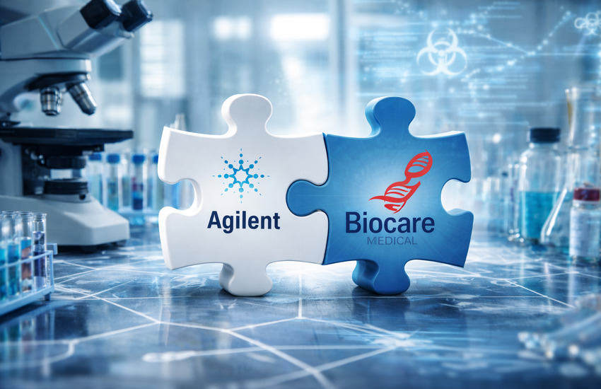 Metaphorical laboratory concept showing interlocking puzzle pieces representing Agilent and Biocare collaboration in diagnostics and pathology innovation