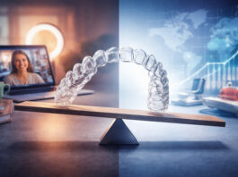 Metaphorical editorial image of an Invisalign aligner balanced on a fulcrum between a Zoom-era glow-up scene and a calmer business backdrop.