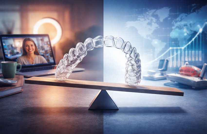 Metaphorical editorial image of an Invisalign aligner balanced on a fulcrum between a Zoom-era glow-up scene and a calmer business backdrop.