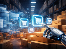 Futuristic robotic hand selecting digital shopping carts among Amazon packages symbolizing AI agents replacing traditional website shopping