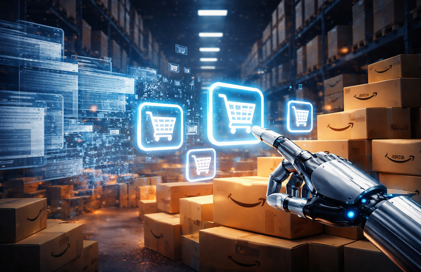 Futuristic robotic hand selecting digital shopping carts among Amazon packages symbolizing AI agents replacing traditional website shopping