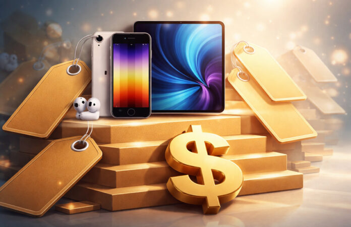 apple-affordable-tech-strategy-ecosystem-market-share Conceptual illustration of Apple devices on descending price tags symbolizing Apple’s shift toward affordable premium technology strategy