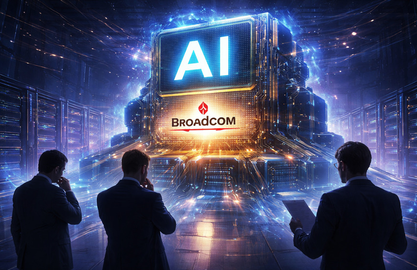 Futuristic AI data center powered by a giant semiconductor chip while investors observe cautiously, symbolizing Broadcom’s massive AI growth and market skepticism.