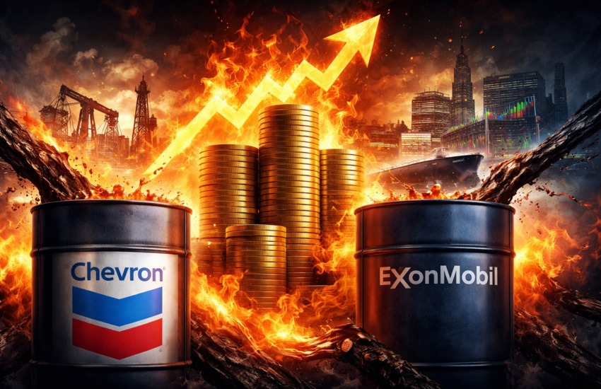 Metaphorical image showing oil price surge with Chevron as cash flow engine and Exxon as volatility-driven energy system
