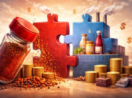 Conceptual image of a defensive food company merger showing spices spilling over coins with puzzle pieces and packaged food factory integration
