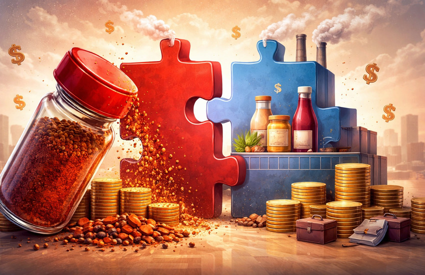 Conceptual image of a defensive food company merger showing spices spilling over coins with puzzle pieces and packaged food factory integration