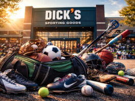 Dick’s Sporting Goods youth baseball gear display highlighting expensive bats, gloves, and cleats driving youth sports spending boom