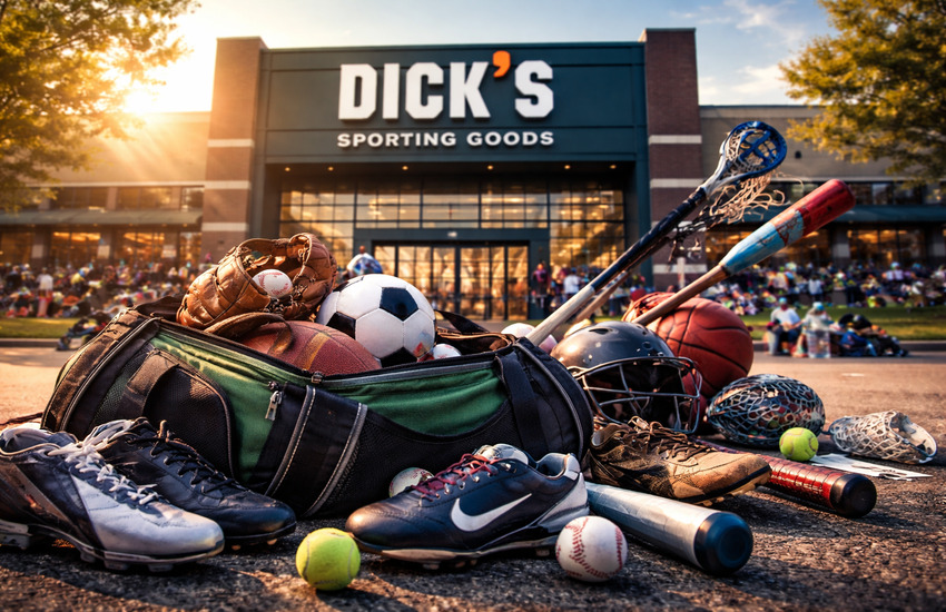 Dick’s Sporting Goods youth baseball gear display highlighting expensive bats, gloves, and cleats driving youth sports spending boom