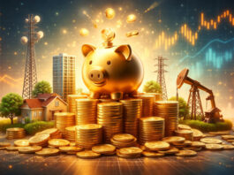 Golden piggy bank on stacked coins surrounded by telecom towers, power lines, buildings, and an oil pump symbolizing dividend stocks as safe havens.
