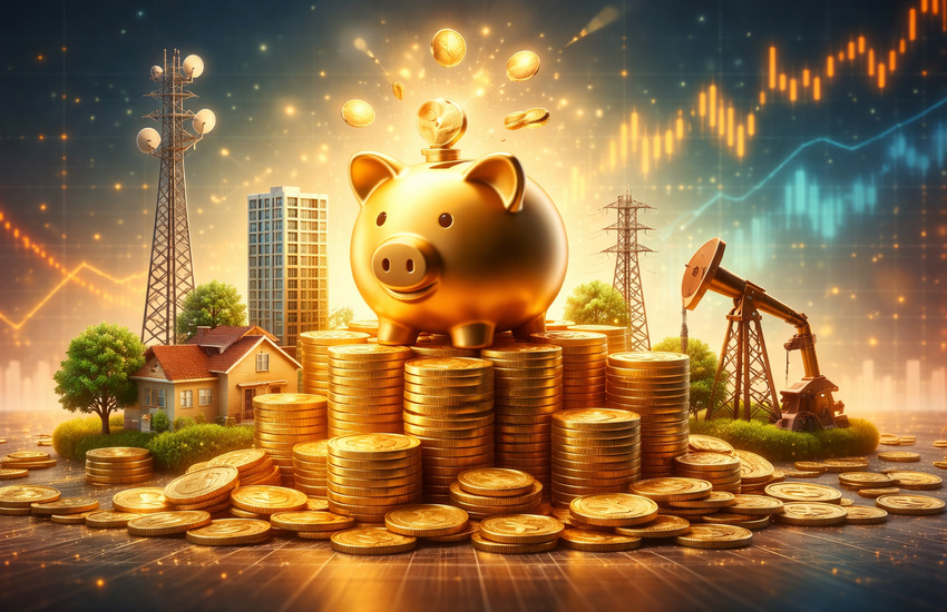 Golden piggy bank on stacked coins surrounded by telecom towers, power lines, buildings, and an oil pump symbolizing dividend stocks as safe havens.