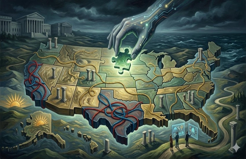 A stormy, metaphorical U.S. map made of puzzle pieces as a tech hand places one piece, with “CFTC” and tangled routes.