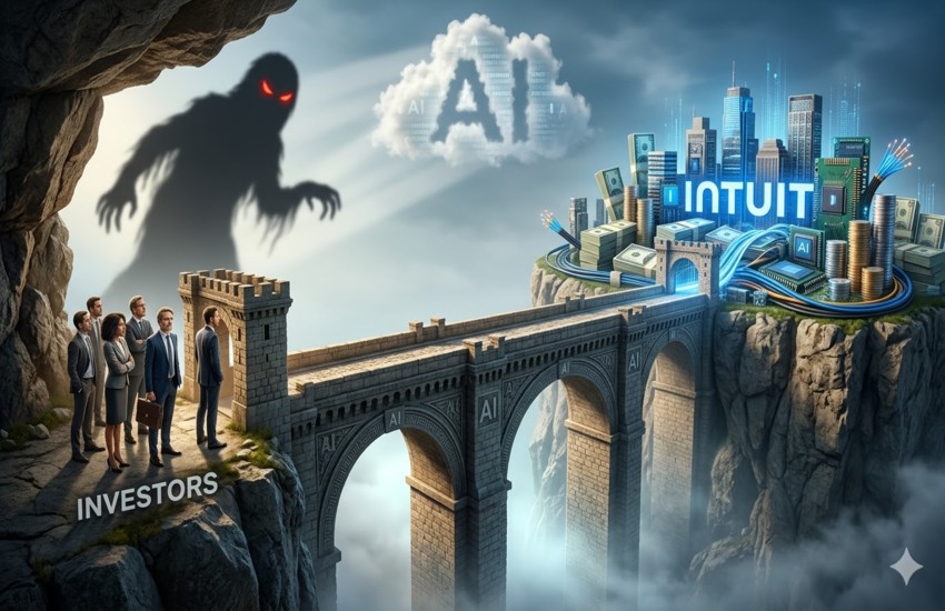 Dark AI robot looming over financial charts while a glowing financial platform symbolizes Intuit’s resilience against AI disruption fears.