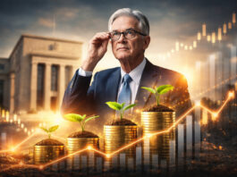 Metaphorical editorial image of Jerome Powell before the Federal Reserve with rising financial symbols representing quality compounders over easy-money trades