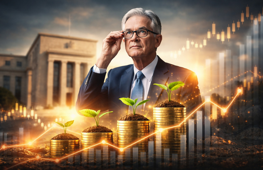 Metaphorical editorial image of Jerome Powell before the Federal Reserve with rising financial symbols representing quality compounders over easy-money trades