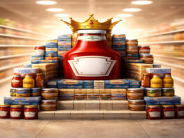 Metaphorical editorial image of a crowned ketchup bottle on a grocery throne, symbolizing Kraft Heinz’s strategic identity reset.