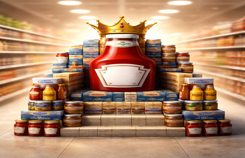 Metaphorical editorial image of a crowned ketchup bottle on a grocery throne, symbolizing Kraft Heinz’s strategic identity reset.