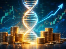 Glowing DNA helix with rising financial charts and stacked coins symbolizing biotech growth and investment potential