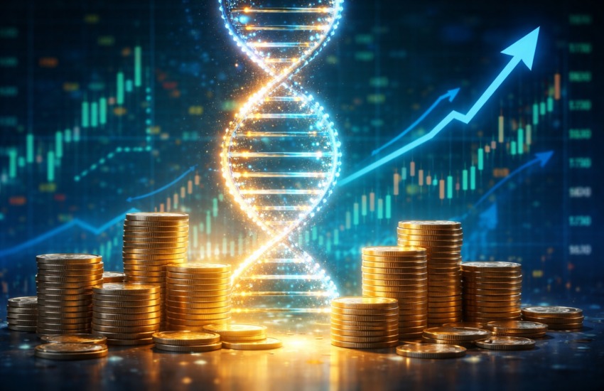 Glowing DNA helix with rising financial charts and stacked coins symbolizing biotech growth and investment potential