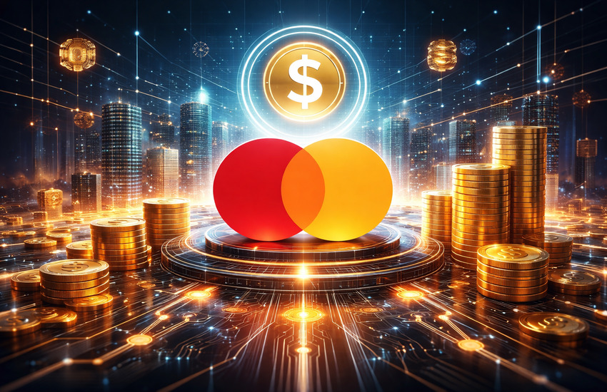 Metaphorical editorial image of Mastercard’s digital payments network expanding into stablecoin infrastructure through interconnected financial rails and glowing token flows.