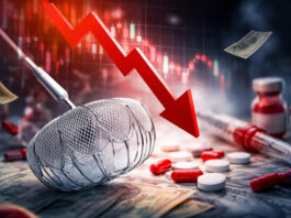 Medical device implant with falling stock market arrow and scattered pills symbolizing trial data driven selloff and investor overreaction