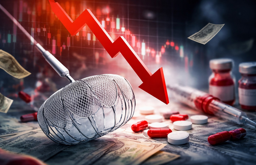 Medical device implant with falling stock market arrow and scattered pills symbolizing trial data driven selloff and investor overreaction