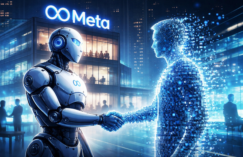 AI robot replacing human worker in a corporate setting symbolizing Meta’s shift toward AI-driven workplace automation