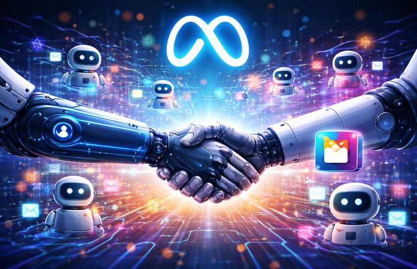 Conceptual illustration of Meta integrating Moltbook to build a network where AI agents interact and exchange information.