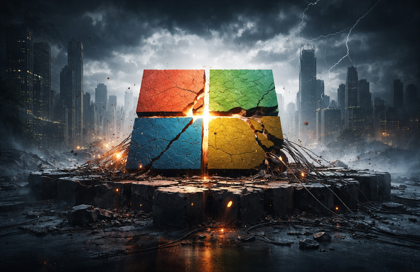 Cracked Microsoft logo on unstable platform symbolizing AI strategy pressure, Copilot adoption issues, and rising infrastructure spending concerns